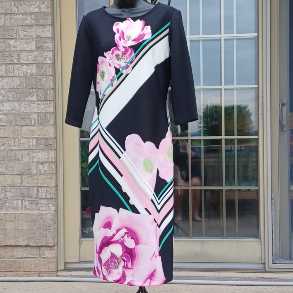 ECI Stretch Midi Sheath Dress, 3/4 sleeve, back zip, rose pattern,  stripes